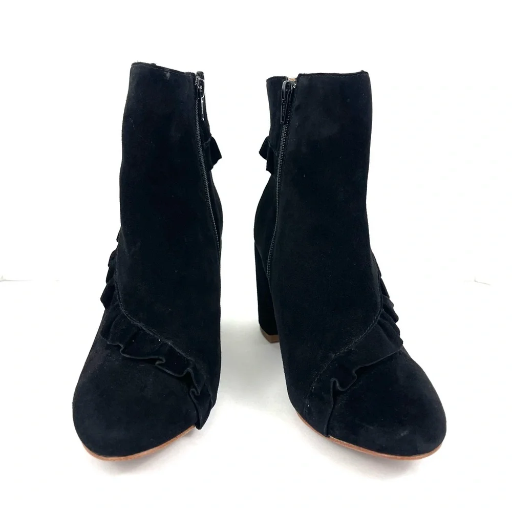 Latigo Kahlia Black Suede Boot with Ruffle Detail Block Heel Ankle Booties